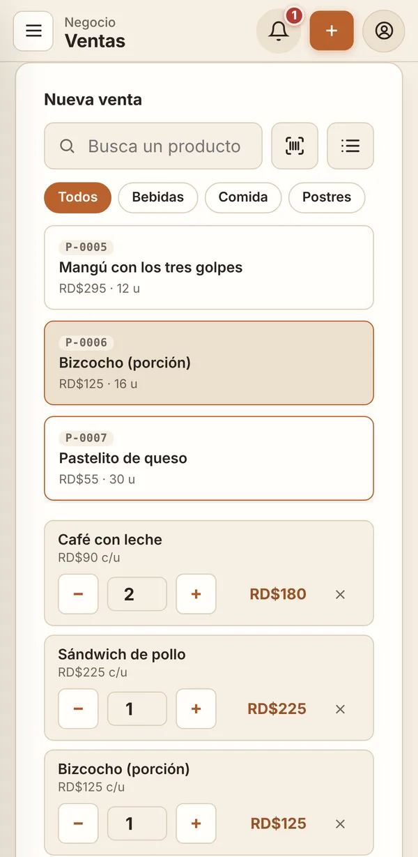 La misma pantalla de ventas en el celular